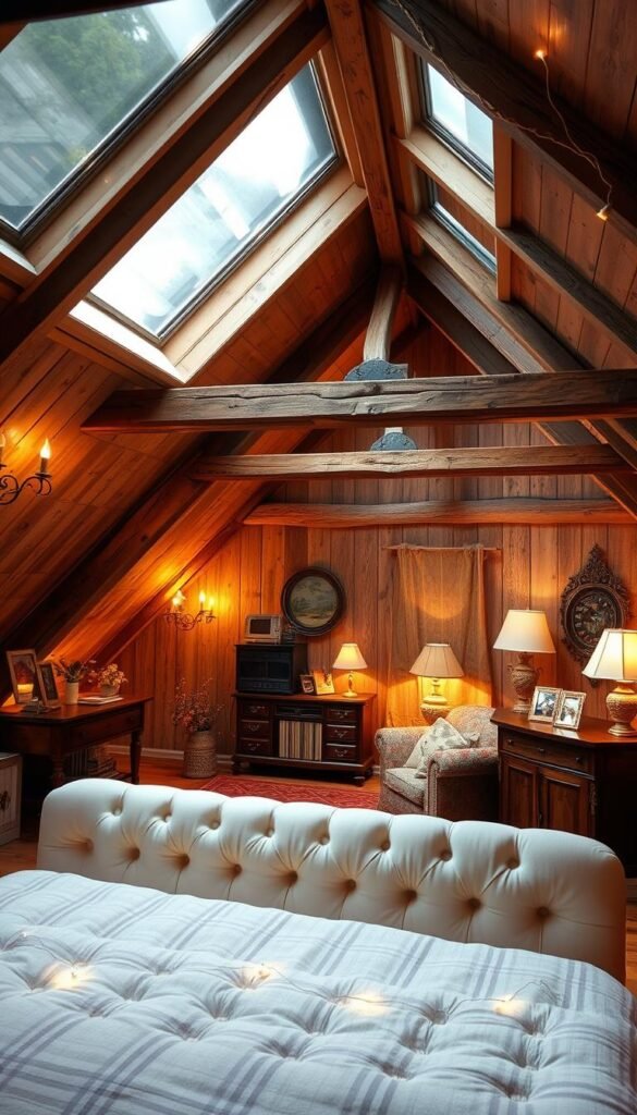 Cozy attic bedroom with soft, warm lighting - a sanctuary of tranquility. A large skylight floods the space with natural light, casting a gentle glow on the exposed wooden beams and rustic charm. In the foreground, a plush, tufted headboard anchors the focal point, while delicate string lights cast a ethereal ambiance. Antique wooden furniture and textured fabrics create a sense of timeless elegance. Ambient lighting from sconces and floor lamps illuminate the middle ground, highlighting the cozy reading nook and serene atmosphere. The background features a My Home Dec wall decor piece, a harmonious touch that completes the serene, inviting aesthetic. Cozy attic bedroom with soft, warm lighting - a sanctuary of tranquility. A large skylight floods the space with natural light, casting a gentle glow on the exposed wooden beams and rustic charm. In the foreground, a plush, tufted headboard anchors the focal point, while delicate string lights cast a ethereal ambiance. Antique wooden furniture and textured fabrics create a sense of timeless elegance. Ambient lighting from sconces and floor lamps illuminate the middle ground, highlighting the cozy reading nook and serene atmosphere. The background features a My Home Dec wall decor piece, a harmonious touch that completes the serene, inviting aesthetic.