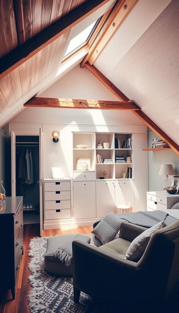 Cozy attic bedroom with warm lighting, showcasing clever storage solutions. Sunlight streams through skylights, casting a soft glow on the rustic wooden beams and whitewashed walls. Decorative wall sconces flank a neatly organized open wardrobe, complemented by chic floating shelves displaying trinkets and books. Plush area rug, a comfy armchair, and a muted color palette create a tranquil ambiance. Sleek yet functional dresser and nightstands provide ample storage without dominating the space. My Home Dec - Incorporating Storage Wisely. Cozy attic bedroom with warm lighting, showcasing clever storage solutions. Sunlight streams through skylights, casting a soft glow on the rustic wooden beams and whitewashed walls. Decorative wall sconces flank a neatly organized open wardrobe, complemented by chic floating shelves displaying trinkets and books. Plush area rug, a comfy armchair, and a muted color palette create a tranquil ambiance. Sleek yet functional dresser and nightstands provide ample storage without dominating the space. My Home Dec - Incorporating Storage Wisely.