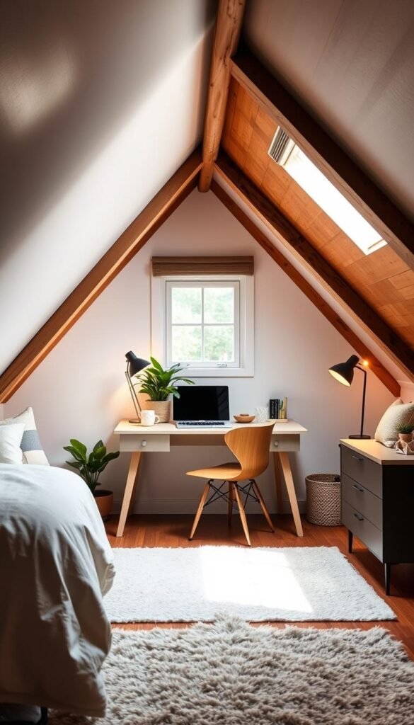Cozy attic bedroom workspace, bathed in soft natural light filtering through a dormer window. Rustic wooden beams frame a compact but inviting desk setup, with a chic mid-century modern chair and a lush potted plant adding a touch of greenery. Minimalist decor and neutral tones create a serene, focused atmosphere, perfect for productivity. Warm task lighting and a plush area rug underfoot complete the My Home Dec aesthetic, making this an idyllic retreat for creative work or quiet contemplation. Cozy attic bedroom workspace, bathed in soft natural light filtering through a dormer window. Rustic wooden beams frame a compact but inviting desk setup, with a chic mid-century modern chair and a lush potted plant adding a touch of greenery. Minimalist decor and neutral tones create a serene, focused atmosphere, perfect for productivity. Warm task lighting and a plush area rug underfoot complete the My Home Dec aesthetic, making this an idyllic retreat for creative work or quiet contemplation.