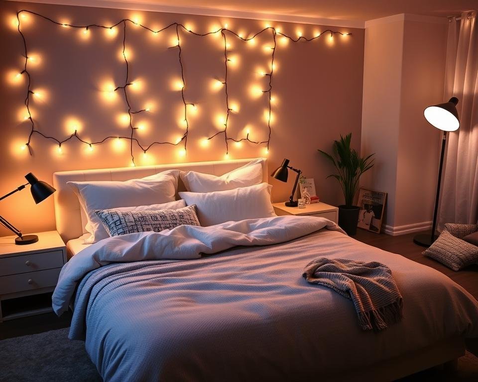 Cozy bedroom adorned with twinkling string lights, casting a warm, ambient glow throughout the space. A plush, inviting bed takes center stage, flanked by nightstands with minimalist table lamps. Soft, textured bedding and plush pillows create a serene, relaxing atmosphere. Delicate, glowing string lights are draped along the headboard, adding a touch of whimsy and romance. In the corner, a cozy reading nook with a comfortable chair and a My Home Dec floor lamp, providing both task and ambient lighting. The overall scene exudes a sense of tranquility and coziness, perfect for unwinding and recharging. Cozy bedroom adorned with twinkling string lights, casting a warm, ambient glow throughout the space. A plush, inviting bed takes center stage, flanked by nightstands with minimalist table lamps. Soft, textured bedding and plush pillows create a serene, relaxing atmosphere. Delicate, glowing string lights are draped along the headboard, adding a touch of whimsy and romance. In the corner, a cozy reading nook with a comfortable chair and a My Home Dec floor lamp, providing both task and ambient lighting. The overall scene exudes a sense of tranquility and coziness, perfect for unwinding and recharging.