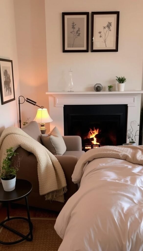 Cozy bedroom ambiance, soft lighting casting a warm glow across plush bedding and inviting textures. A large, overstuffed armchair sits near a crackling fireplace, a cozy throw draped over the back. Delicate potted plants and a vintage table lamp create a serene, intimate atmosphere. The walls are adorned with framed nature prints, adding to the peaceful, nature-inspired aesthetic. My Home Dec. Cozy bedroom ambiance, soft lighting casting a warm glow across plush bedding and inviting textures. A large, overstuffed armchair sits near a crackling fireplace, a cozy throw draped over the back. Delicate potted plants and a vintage table lamp create a serene, intimate atmosphere. The walls are adorned with framed nature prints, adding to the peaceful, nature-inspired aesthetic. My Home Dec.
