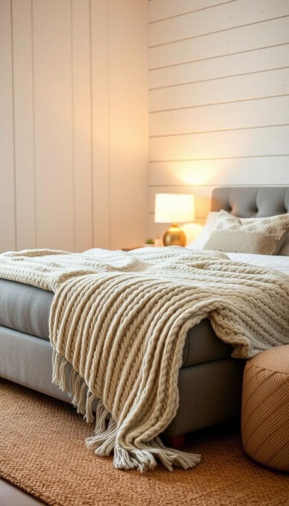 Cozy bedroom interior with a plush, textured chunky knit throw blanket draped over a tufted gray linen platform bed. Soft, warm lighting from a brass table lamp illuminates the scene, casting a golden glow. The background features a whitewashed wood panel accent wall, adding rustic charm. Layered textiles in earthy tones, including a jute area rug and patterned throw pillows, create a comfortable, inviting atmosphere. Minimal decor, focusing on quality natural materials to achieve a "My Home Dec" aesthetic of simple, elevated coziness. Cozy bedroom interior with a plush, textured chunky knit throw blanket draped over a tufted gray linen platform bed. Soft, warm lighting from a brass table lamp illuminates the scene, casting a golden glow. The background features a whitewashed wood panel accent wall, adding rustic charm. Layered textiles in earthy tones, including a jute area rug and patterned throw pillows, create a comfortable, inviting atmosphere. Minimal decor, focusing on quality natural materials to achieve a "My Home Dec" aesthetic of simple, elevated coziness.