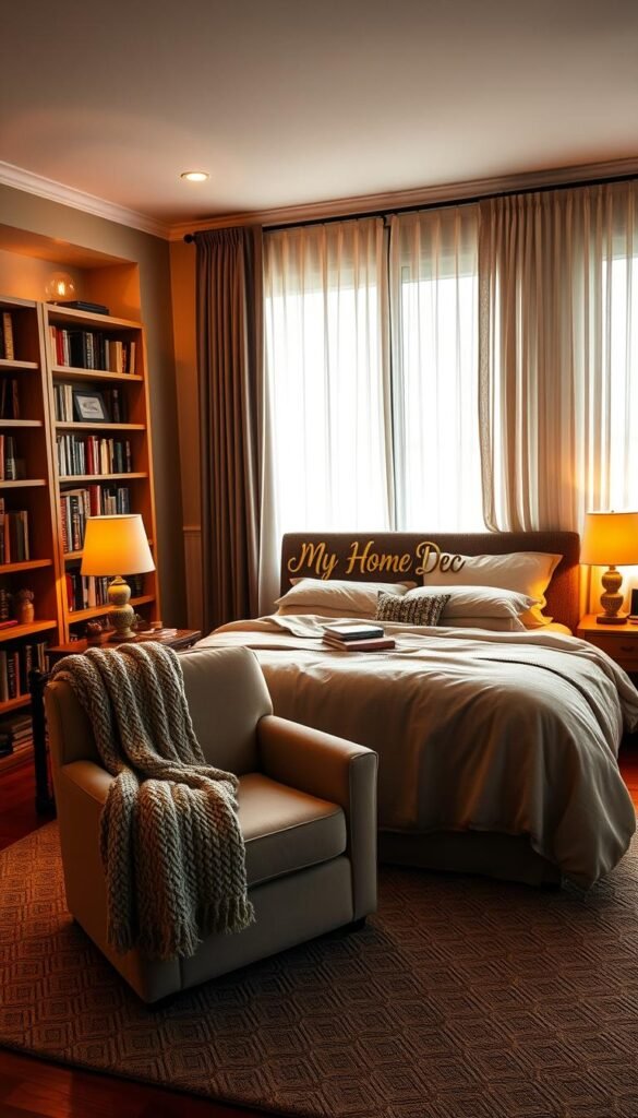 Cozy bedroom with warm lighting and personalized decor. A plush, oversized armchair sits in the corner, adorned with a knitted throw blanket. Bookshelves line the walls, their contents casting a soft glow. Sheer curtains frame large windows, letting in natural light. Wooden bedside tables support lamps with Edison bulbs. Atop a large, inviting bed, piled high with pillows and a cozy duvet, rests a "My Home Dec" sign, adding a welcoming personal touch. The overall atmosphere is one of comfort, intimacy, and relaxation. Cozy bedroom with warm lighting and personalized decor. A plush, oversized armchair sits in the corner, adorned with a knitted throw blanket. Bookshelves line the walls, their contents casting a soft glow. Sheer curtains frame large windows, letting in natural light. Wooden bedside tables support lamps with Edison bulbs. Atop a large, inviting bed, piled high with pillows and a cozy duvet, rests a "My Home Dec" sign, adding a welcoming personal touch. The overall atmosphere is one of comfort, intimacy, and relaxation.