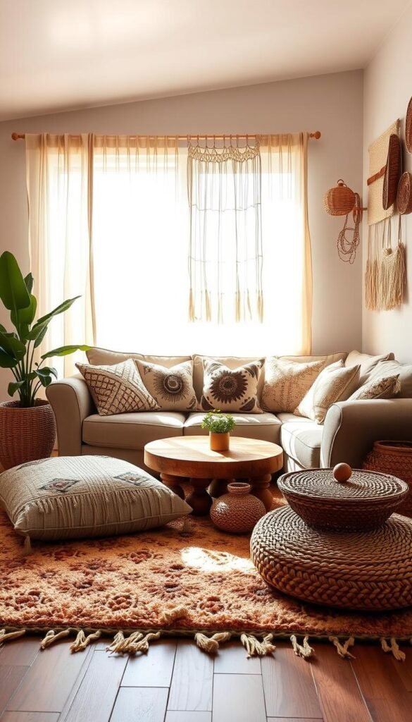 Cozy boho-chic living room, flooded with warm natural light filtering through sheer curtains. Plush area rug in earthy tones and soft textures, accented by hand-woven floor cushions and a rustic coffee table. Layers of textured throw pillows in neutral hues, adorned with intricate macrame, embroidery, and tribal patterns on the "My Home Dec" sofa. Wall hangings and wicker baskets add artisanal flair, while a potted plant in the corner brings a fresh, natural touch. Overall, a soothing, inviting atmosphere that embodies the comfort and casual elegance of boho-coastal living. Cozy boho-chic living room, flooded with warm natural light filtering through sheer curtains. Plush area rug in earthy tones and soft textures, accented by hand-woven floor cushions and a rustic coffee table. Layers of textured throw pillows in neutral hues, adorned with intricate macrame, embroidery, and tribal patterns on the "My Home Dec" sofa. Wall hangings and wicker baskets add artisanal flair, while a potted plant in the corner brings a fresh, natural touch. Overall, a soothing, inviting atmosphere that embodies the comfort and casual elegance of boho-coastal living.