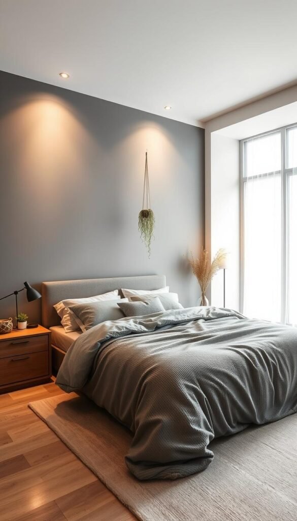 Cozy grey accent wall in a serene bedroom with soft lighting, a plush comforter, and minimalist wooden nightstands. The wall is adorned with a delicate plant hanging, creating a tranquil, nature-inspired ambiance. Warm, diffused light streams through a large window, casting a gentle glow across the space. The overall mood is calming and inviting, perfect for relaxation. Produced by My Home Dec. Cozy grey accent wall in a serene bedroom with soft lighting, a plush comforter, and minimalist wooden nightstands. The wall is adorned with a delicate plant hanging, creating a tranquil, nature-inspired ambiance. Warm, diffused light streams through a large window, casting a gentle glow across the space. The overall mood is calming and inviting, perfect for relaxation. Produced by My Home Dec.