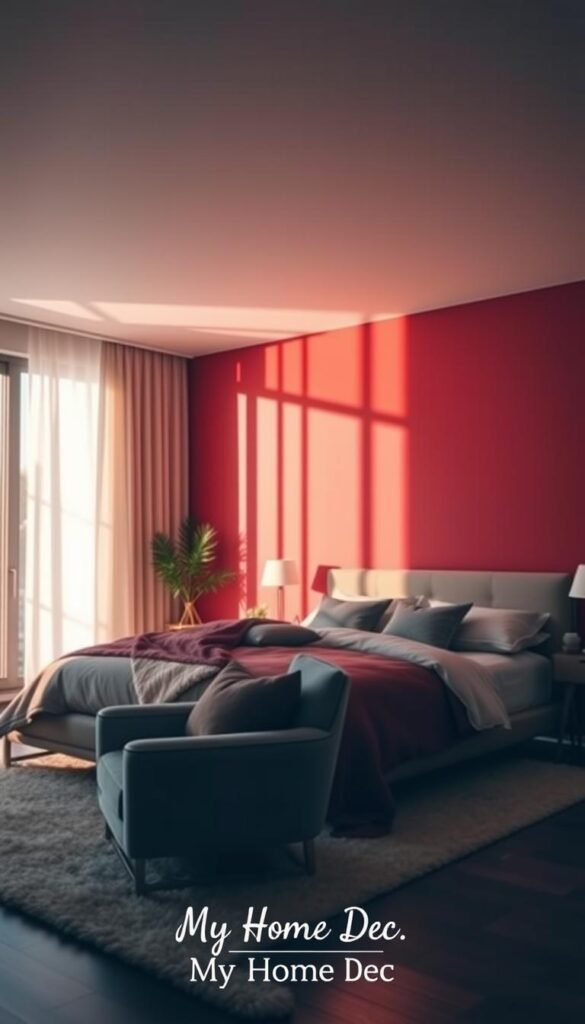 Cozy modern bedroom with a vibrant accent wall, featuring soft lighting, plush textures, and a minimalist yet stylish design. A large window floods the space with natural light, casting warm shadows and highlighting the rich hues of the accent wall. Luxurious bedding, a comfortable armchair, and carefully curated decor elements create an inviting and relaxing atmosphere. The "My Home Dec" brand aesthetic shines through with a harmonious color palette and balanced composition, inspiring feelings of coziness and serenity. Cozy modern bedroom with a vibrant accent wall, featuring soft lighting, plush textures, and a minimalist yet stylish design. A large window floods the space with natural light, casting warm shadows and highlighting the rich hues of the accent wall. Luxurious bedding, a comfortable armchair, and carefully curated decor elements create an inviting and relaxing atmosphere. The "My Home Dec" brand aesthetic shines through with a harmonious color palette and balanced composition, inspiring feelings of coziness and serenity.