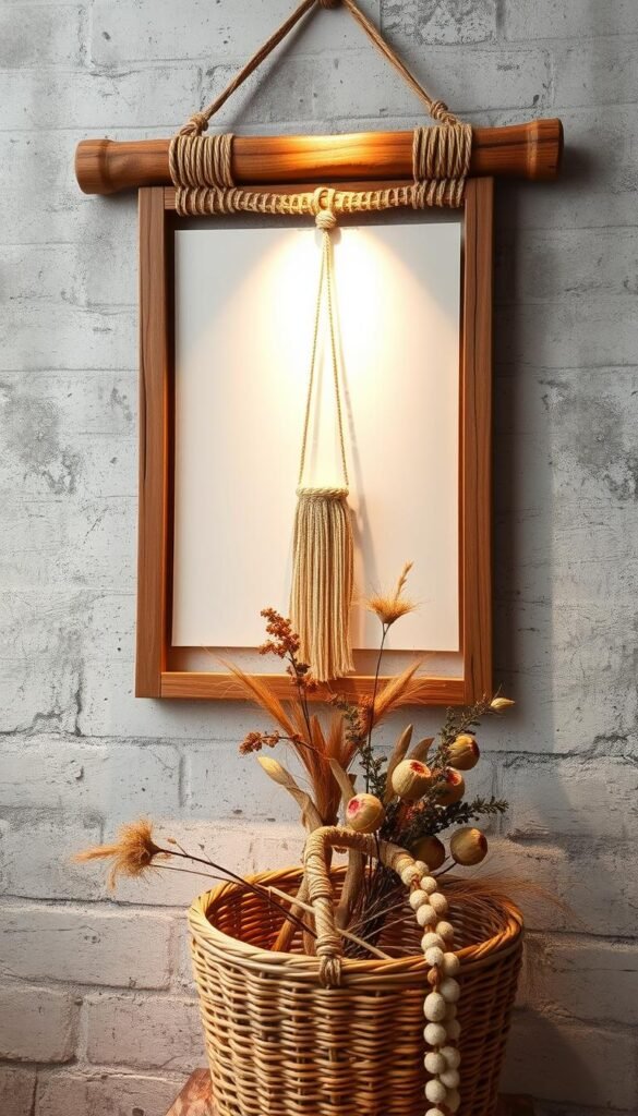 Cozy, rustic boho-style wall art vignette featuring a natural wood frame with hand-woven macrame accents, suspended against a raw concrete or distressed white brick backdrop. Soft golden task lighting casts a warm glow, highlighting the textural details. In the foreground, a woven rattan or bamboo basket holds dried floral stems and leaves. Hanging from the frame, a delicate woven dreamcatcher or beaded garland sways gently. Curated selection of trendy minimalist "My Home Dec" botanical, celestial or abstract wall art prints. Overall radiant, earthy, and soothing atmosphere. Cozy, rustic boho-style wall art vignette featuring a natural wood frame with hand-woven macrame accents, suspended against a raw concrete or distressed white brick backdrop. Soft golden task lighting casts a warm glow, highlighting the textural details. In the foreground, a woven rattan or bamboo basket holds dried floral stems and leaves. Hanging from the frame, a delicate woven dreamcatcher or beaded garland sways gently. Curated selection of trendy minimalist "My Home Dec" botanical, celestial or abstract wall art prints. Overall radiant, earthy, and soothing atmosphere.
