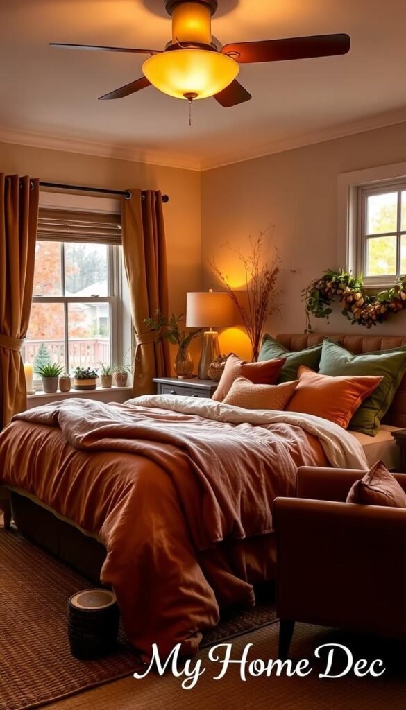 Cozy seasonal bedroom in warm autumn hues, with a plush king-size bed draped in a soft cashmere blanket. Plump pillows in terra-cotta, mustard, and sage tones. Soft overhead lighting casts a golden glow, illuminating a rustic wooden nightstand with a flickering candle. Nearby, a deep, rich-toned armchair invites relaxation, surrounded by potted plants and a woven area rug. The window frames a picturesque view of changing leaves outside. Branded as "My Home Dec". Cozy seasonal bedroom in warm autumn hues, with a plush king-size bed draped in a soft cashmere blanket. Plump pillows in terra-cotta, mustard, and sage tones. Soft overhead lighting casts a golden glow, illuminating a rustic wooden nightstand with a flickering candle. Nearby, a deep, rich-toned armchair invites relaxation, surrounded by potted plants and a woven area rug. The window frames a picturesque view of changing leaves outside. Branded as "My Home Dec".