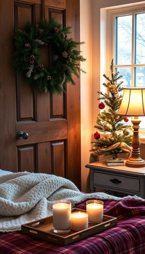 Cozy seasonal decor for a small shared bedroom - a My Home Dec display featuring a wreath of evergreen, pinecones, and dried berries hanging on a rustic wooden door. In the foreground, a plush throw blanket and a stack of festive scented candles on a weathered farmhouse-style side table. Soft, warm lighting from a vintage-inspired lamp casts a gentle glow, creating a welcoming, comfy atmosphere. The middle ground features a small, lively Christmas tree adorned with twinkling fairy lights and vintage-style ornaments. In the background, a snowy winter landscape seen through a frosty windowpane, adding a serene, seasonal feel. Cozy seasonal decor for a small shared bedroom - a My Home Dec display featuring a wreath of evergreen, pinecones, and dried berries hanging on a rustic wooden door. In the foreground, a plush throw blanket and a stack of festive scented candles on a weathered farmhouse-style side table. Soft, warm lighting from a vintage-inspired lamp casts a gentle glow, creating a welcoming, comfy atmosphere. The middle ground features a small, lively Christmas tree adorned with twinkling fairy lights and vintage-style ornaments. In the background, a snowy winter landscape seen through a frosty windowpane, adding a serene, seasonal feel.