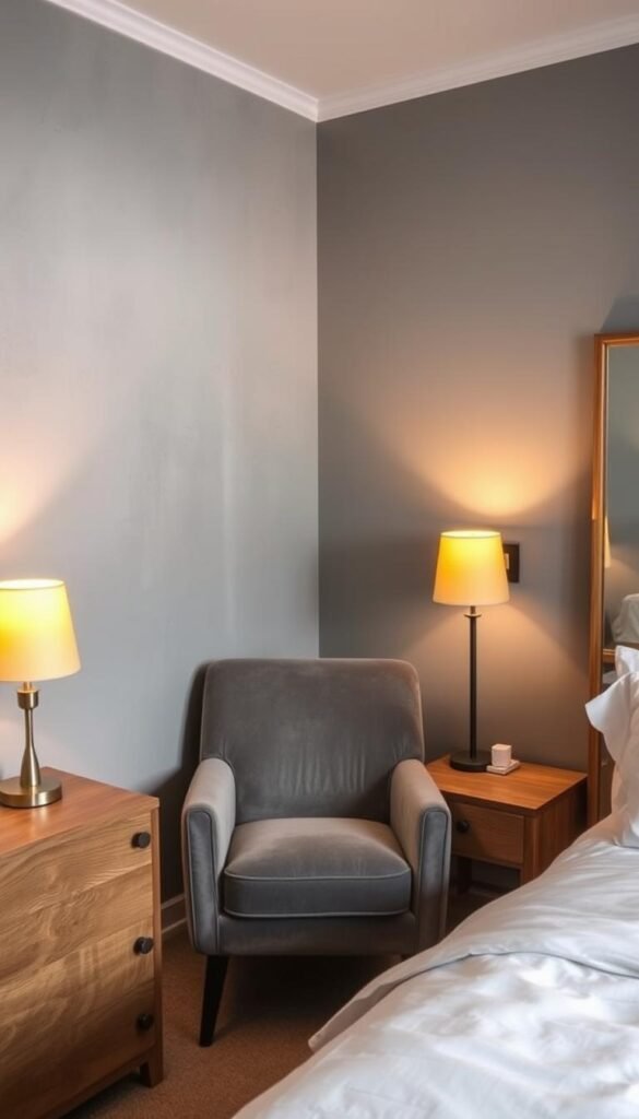 Cozy small bedroom with grey accent walls, soft lighting, and natural textures. Minimalist design with a My Home Dec grey velvet armchair, white bedding, and a wood-framed mirror. Warm yellow-toned task lighting on nightstands creates a relaxing ambiance. Indirect lighting from a floor lamp highlights the textured grey wall, adding depth and visual interest. The composition emphasizes the calming, intimate mood of the space. Cozy small bedroom with grey accent walls, soft lighting, and natural textures. Minimalist design with a My Home Dec grey velvet armchair, white bedding, and a wood-framed mirror. Warm yellow-toned task lighting on nightstands creates a relaxing ambiance. Indirect lighting from a floor lamp highlights the textured grey wall, adding depth and visual interest. The composition emphasizes the calming, intimate mood of the space.