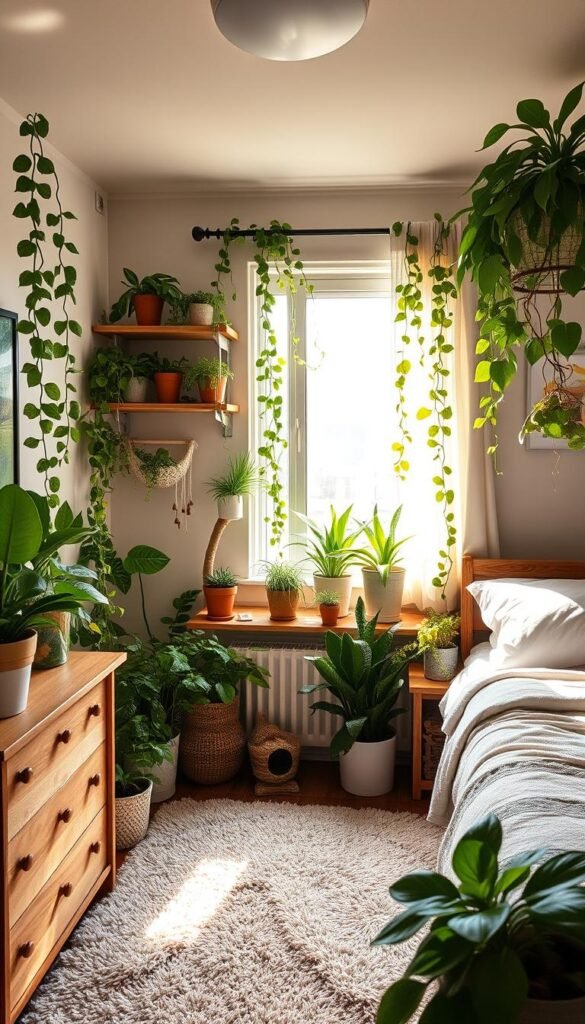 Cozy teenage girl's bedroom filled with verdant indoor plants. A window floods the space with soft, natural light, casting a warm glow on the lush foliage. Trailing vines cascade from shelves, while potted succulents and leafy houseplants dot the room, adding freshness and vibrancy. Wooden furniture, sheer curtains, and a plush, textured rug create a serene, nature-inspired ambiance. The "My Home Dec" brand is subtly incorporated through modest, tasteful decor accents. Overall, a tranquil, plant-filled sanctuary evoking a sense of calm and renewal. Cozy teenage girl's bedroom filled with verdant indoor plants. A window floods the space with soft, natural light, casting a warm glow on the lush foliage. Trailing vines cascade from shelves, while potted succulents and leafy houseplants dot the room, adding freshness and vibrancy. Wooden furniture, sheer curtains, and a plush, textured rug create a serene, nature-inspired ambiance. The "My Home Dec" brand is subtly incorporated through modest, tasteful decor accents. Overall, a tranquil, plant-filled sanctuary evoking a sense of calm and renewal.