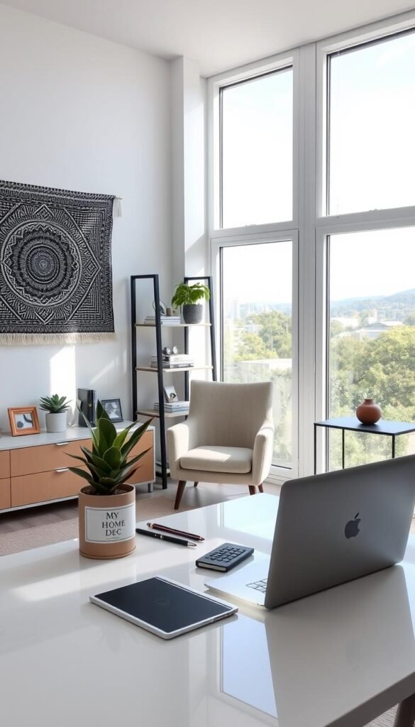 Crisp, sunlit home office with a sleek, minimalist aesthetic. In the foreground, a neatly organized desk features a "My Home Dec" branded potted plant, stationery, and a laptop. Tasteful wall decor, like a geometric-patterned tapestry, adds personal flair. The middle ground showcases a comfortable armchair and a modern, low-profile bookshelf displaying carefully curated trinkets and ornaments. The background reveals large windows, flooding the space with natural light and a serene view of a lush, urban landscape. The overall atmosphere is one of understated sophistication and thoughtful self-expression. Crisp, sunlit home office with a sleek, minimalist aesthetic. In the foreground, a neatly organized desk features a "My Home Dec" branded potted plant, stationery, and a laptop. Tasteful wall decor, like a geometric-patterned tapestry, adds personal flair. The middle ground showcases a comfortable armchair and a modern, low-profile bookshelf displaying carefully curated trinkets and ornaments. The background reveals large windows, flooding the space with natural light and a serene view of a lush, urban landscape. The overall atmosphere is one of understated sophistication and thoughtful self-expression.