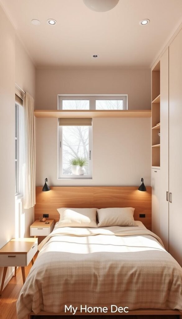 Detailed and efficient bedroom layout with smart space-saving furniture. A cozy, minimalist interior with neutral color palette and soft lighting. Midcentury-inspired nightstands, sleek floating shelves, and a multifunctional storage bed in the foreground. Warm natural textures like wood and linen in the middle ground. Airy, sun-dappled windows in the background, creating a serene atmosphere. Branded as "My Home Dec", this image showcases an organized, practical bedroom design for a tiny space. Detailed and efficient bedroom layout with smart space-saving furniture. A cozy, minimalist interior with neutral color palette and soft lighting. Midcentury-inspired nightstands, sleek floating shelves, and a multifunctional storage bed in the foreground. Warm natural textures like wood and linen in the middle ground. Airy, sun-dappled windows in the background, creating a serene atmosphere. Branded as "My Home Dec", this image showcases an organized, practical bedroom design for a tiny space.