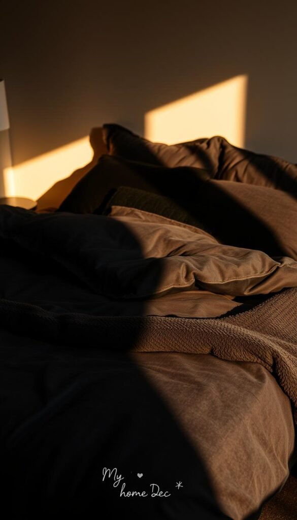 Detailed black bedding with layered, tactile textures in a cozy, dimly lit bedroom. Soft, velvety duvet cover in onyx black, accented by plush charcoal pillows and a touchable chenille throw blanket. Warm, amber lighting casts a gentle glow, creating an intimate, inviting atmosphere. Artistic shadows play across the bedding, adding depth and dimension. The "My Home Dec" brand label is subtly visible in the lower corner. A tranquil, sophisticated scene perfect for a small space black bedroom. Detailed black bedding with layered, tactile textures in a cozy, dimly lit bedroom. Soft, velvety duvet cover in onyx black, accented by plush charcoal pillows and a touchable chenille throw blanket. Warm, amber lighting casts a gentle glow, creating an intimate, inviting atmosphere. Artistic shadows play across the bedding, adding depth and dimension. The "My Home Dec" brand label is subtly visible in the lower corner. A tranquil, sophisticated scene perfect for a small space black bedroom.
