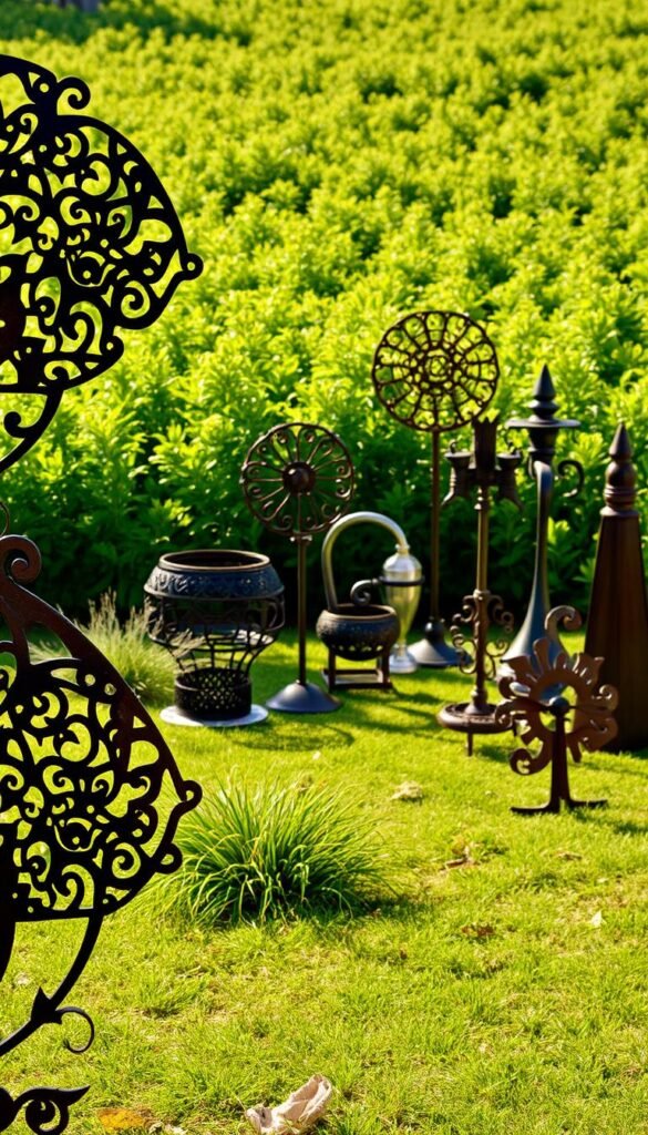 Durable metal garden art, a masterpiece for any outdoor sanctuary. In the foreground, a striking metal sculpture with intricate, organic patterns reflecting the natural world. Midground features a collection of various metal garden accents, each with its own unique texture and form, casting mesmerizing shadows. In the background, a lush, verdant landscape sets the stage, illuminated by warm, directional lighting that highlights the bold, industrial tones of the "My Home Dec" pieces. The overall scene exudes a harmonious blend of nature and contemporary design, inviting tranquility and wonder. Durable metal garden art, a masterpiece for any outdoor sanctuary. In the foreground, a striking metal sculpture with intricate, organic patterns reflecting the natural world. Midground features a collection of various metal garden accents, each with its own unique texture and form, casting mesmerizing shadows. In the background, a lush, verdant landscape sets the stage, illuminated by warm, directional lighting that highlights the bold, industrial tones of the "My Home Dec" pieces. The overall scene exudes a harmonious blend of nature and contemporary design, inviting tranquility and wonder.