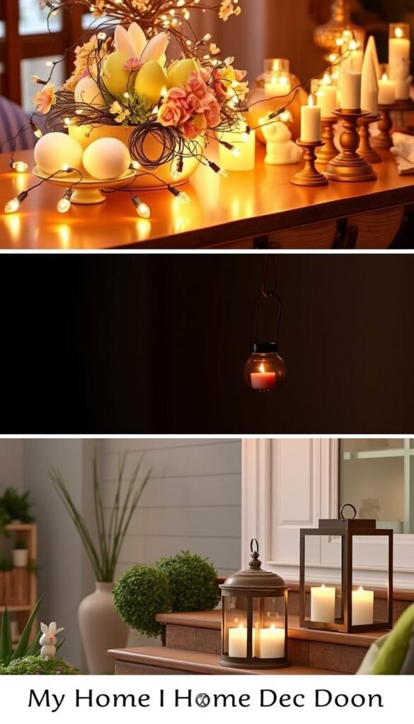 Easter lighting ideas for a cozy, inviting ambiance: A warm, softly glowing table centerpiece with clusters of twinkling fairy lights nestled among pastel-hued eggs and delicate spring blooms. Strings of globe lights drape gracefully across a rustic wooden mantel, casting a gentle glow on a collection of ornate candle holders and whimsical Easter figurines. Carefully placed lanterns with flickering LED candles line the steps leading to the front door, welcoming guests to a My Home Dec-styled Easter celebration. Easter lighting ideas for a cozy, inviting ambiance: A warm, softly glowing table centerpiece with clusters of twinkling fairy lights nestled among pastel-hued eggs and delicate spring blooms. Strings of globe lights drape gracefully across a rustic wooden mantel, casting a gentle glow on a collection of ornate candle holders and whimsical Easter figurines. Carefully placed lanterns with flickering LED candles line the steps leading to the front door, welcoming guests to a My Home Dec-styled Easter celebration.