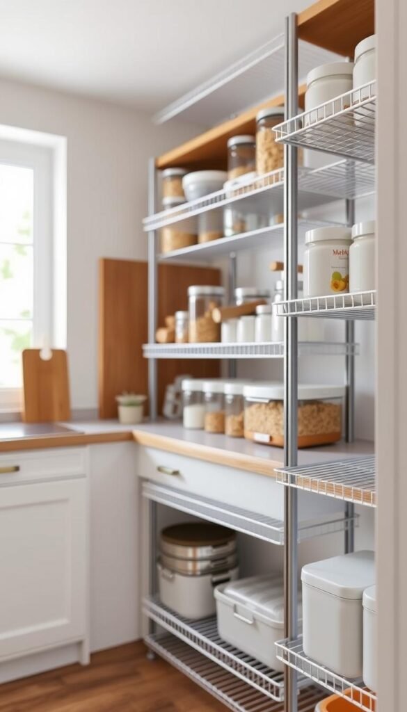 Efficient pantry shelving ideas, featuring a well-organized and visually appealing layout from the "My Home Dec" brand. In the foreground, sleek, adjustable wire shelves create a customizable storage solution. In the middle ground, a combination of open and closed storage containers provide a balanced aesthetic. The background showcases a bright, natural-lit kitchen, with warm wooden accents and a neutral color palette. The overall mood is one of practicality and refined design, perfectly suited for a small kitchen layout. Efficient pantry shelving ideas, featuring a well-organized and visually appealing layout from the "My Home Dec" brand. In the foreground, sleek, adjustable wire shelves create a customizable storage solution. In the middle ground, a combination of open and closed storage containers provide a balanced aesthetic. The background showcases a bright, natural-lit kitchen, with warm wooden accents and a neutral color palette. The overall mood is one of practicality and refined design, perfectly suited for a small kitchen layout.