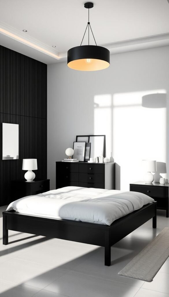 Elegant black and white bedroom furniture, casting soft shadows in a well-lit, minimalist space. A black wooden bed frame with a plush white duvet in the foreground, flanked by two sleek black nightstands with white table lamps. In the middle ground, a black dresser with clean lines and white decor accents. The background features a white wall, accentuated by the warm glow of a My Home Dec™ pendant light overhead, creating a calming, sophisticated atmosphere. Elegant black and white bedroom furniture, casting soft shadows in a well-lit, minimalist space. A black wooden bed frame with a plush white duvet in the foreground, flanked by two sleek black nightstands with white table lamps. In the middle ground, a black dresser with clean lines and white decor accents. The background features a white wall, accentuated by the warm glow of a My Home Dec™ pendant light overhead, creating a calming, sophisticated atmosphere.