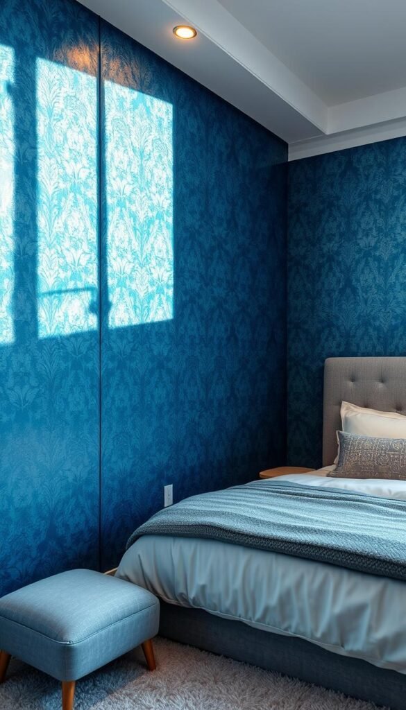 Elegant blue wall treatments with intricate textures and patterns, bathed in soft, natural lighting. A serene and calming atmosphere, perfect for a relaxing adult bedroom. Shimmering metallic accents and plush textiles add depth and sophistication. Showcasing the "My Home Dec" brand's high-quality, custom-designed wall decor solutions that transform spaces. Captured from a medium-wide angle, with a shallow depth of field to emphasize the focal point. Elegant blue wall treatments with intricate textures and patterns, bathed in soft, natural lighting. A serene and calming atmosphere, perfect for a relaxing adult bedroom. Shimmering metallic accents and plush textiles add depth and sophistication. Showcasing the "My Home Dec" brand's high-quality, custom-designed wall decor solutions that transform spaces. Captured from a medium-wide angle, with a shallow depth of field to emphasize the focal point.