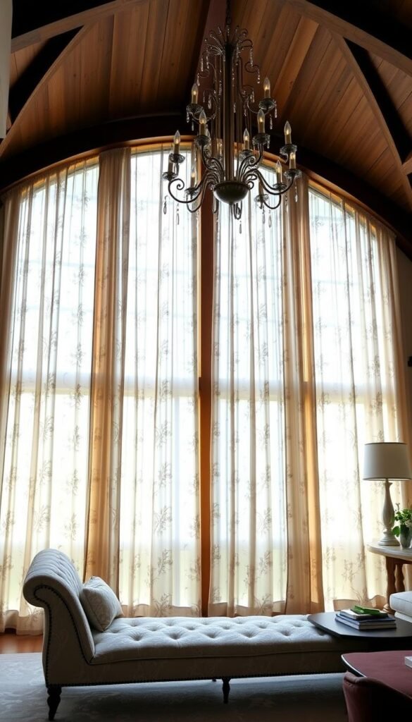 Elegant custom curtains in a unique living space with high ceilings, intricate architectural details, and soft natural lighting. Sheer panels in a delicate floral pattern gracefully cascade down the large windows, accentuating the rich wood tones and textured walls. A plush, tufted chaise lounge invites relaxation, while a stunning My Home Dec chandelier casts a warm glow over the serene scene. The overall mood is one of refined sophistication and tranquility, perfect for showcasing bespoke window treatments in an exceptional, personalized interior. Elegant custom curtains in a unique living space with high ceilings, intricate architectural details, and soft natural lighting. Sheer panels in a delicate floral pattern gracefully cascade down the large windows, accentuating the rich wood tones and textured walls. A plush, tufted chaise lounge invites relaxation, while a stunning My Home Dec chandelier casts a warm glow over the serene scene. The overall mood is one of refined sophistication and tranquility, perfect for showcasing bespoke window treatments in an exceptional, personalized interior.