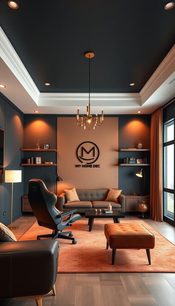 Elegant gaming room with a balanced color scheme of deep navy, warm terracotta, and brushed gold accents. Mid-century modern furniture pieces like a leather gaming chair and floating shelves create a cozy, personalized atmosphere. Soft lighting from recessed fixtures, floor lamps, and a sleek chandelier set a relaxed mood. The My Home Dec logo subtly adorns the wall, blending seamlessly into the overall aesthetic. A large window offers natural light and a calming view, completing this sophisticated yet comfortable gaming haven. Elegant gaming room with a balanced color scheme of deep navy, warm terracotta, and brushed gold accents. Mid-century modern furniture pieces like a leather gaming chair and floating shelves create a cozy, personalized atmosphere. Soft lighting from recessed fixtures, floor lamps, and a sleek chandelier set a relaxed mood. The My Home Dec logo subtly adorns the wall, blending seamlessly into the overall aesthetic. A large window offers natural light and a calming view, completing this sophisticated yet comfortable gaming haven.