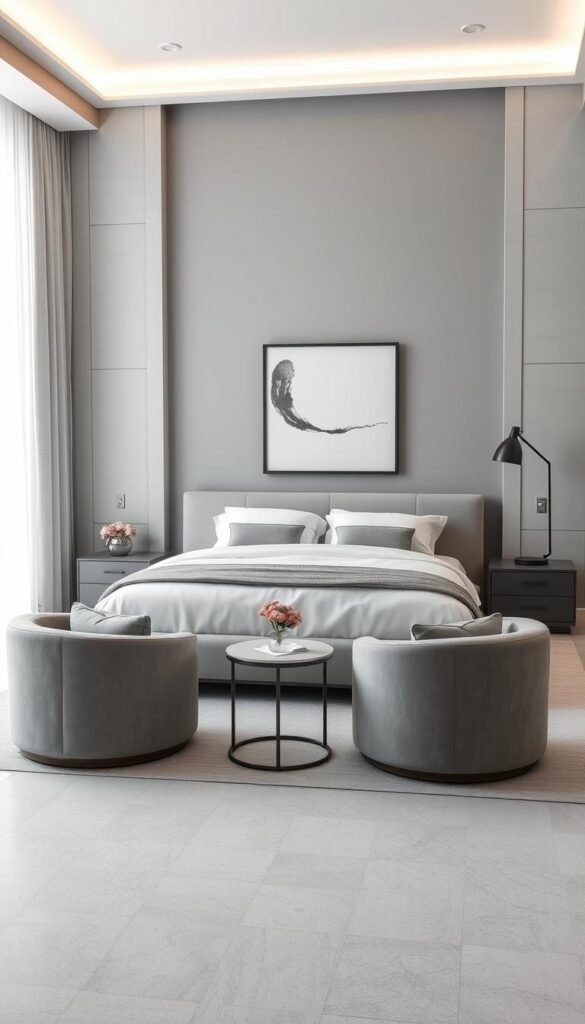 Elegant gray and white bedroom with a luxurious, spa-like atmosphere. Soft, diffused lighting casts a warm glow over the room, illuminating a sleek, minimalist design. A large, plush gray bed with crisp white linens takes center stage, flanked by a pair of delicate gray armchairs and a low, modern side table in a complementary shade. The walls are painted in a soothing, muted gray, with subtle textural details that add depth. Understated, high-end décor accents, like a monochrome abstract artwork and a sculptural floor lamp, create a sense of refined sophistication. Tranquil, serene, and exuding an air of elegant simplicity. My Home Dec. Elegant gray and white bedroom with a luxurious, spa-like atmosphere. Soft, diffused lighting casts a warm glow over the room, illuminating a sleek, minimalist design. A large, plush gray bed with crisp white linens takes center stage, flanked by a pair of delicate gray armchairs and a low, modern side table in a complementary shade. The walls are painted in a soothing, muted gray, with subtle textural details that add depth. Understated, high-end décor accents, like a monochrome abstract artwork and a sculptural floor lamp, create a sense of refined sophistication. Tranquil, serene, and exuding an air of elegant simplicity. My Home Dec.