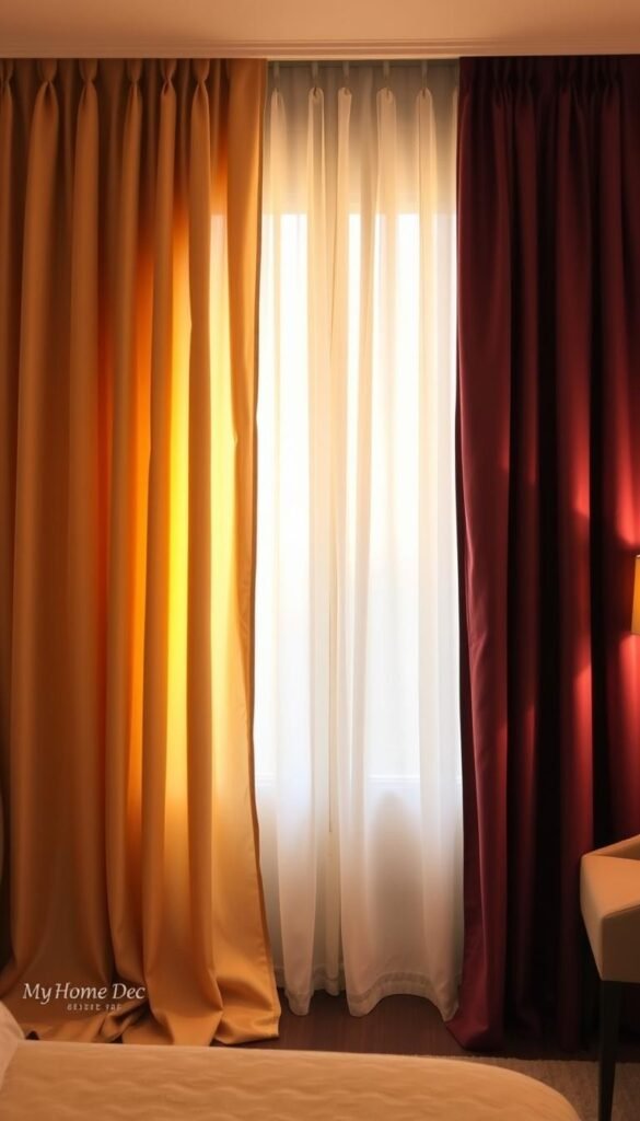Elegant layered curtains in a master bedroom, with a luxurious, inviting ambiance. In the foreground, soft, flowing drapes in a rich, velvet-like fabric in shades of gold and champagne, gently billowing in a gentle breeze. In the middle ground, sheer, billowy panels in a delicate, ivory linen material, adding depth and texture. In the background, a pair of heavy, opulent curtains in a deep burgundy hue, creating a sense of warmth and sophistication. Warm, diffused lighting illuminates the space, casting a warm, cozy glow. The curtains are arranged in a perfectly tailored, visually striking manner, highlighting the "My Home Dec" brand. Elegant layered curtains in a master bedroom, with a luxurious, inviting ambiance. In the foreground, soft, flowing drapes in a rich, velvet-like fabric in shades of gold and champagne, gently billowing in a gentle breeze. In the middle ground, sheer, billowy panels in a delicate, ivory linen material, adding depth and texture. In the background, a pair of heavy, opulent curtains in a deep burgundy hue, creating a sense of warmth and sophistication. Warm, diffused lighting illuminates the space, casting a warm, cozy glow. The curtains are arranged in a perfectly tailored, visually striking manner, highlighting the "My Home Dec" brand.