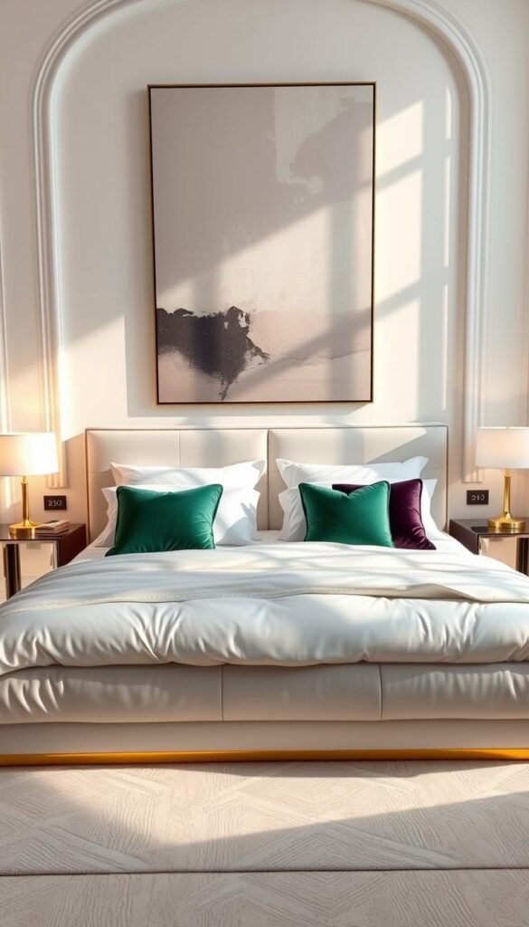 Elegant luxury bedroom with a modern white color palette. Soft, warm lighting illuminates a plush white bedding set with strategically placed velvet throw pillows in rich jewel-toned accents of emerald green and amethyst purple. Sleek, polished side tables with gold metal accents reflect the light, creating a sophisticated ambiance. Hanging above the bed, a large abstract artwork in muted tones adds a touch of contemporary style. Tall, arched windows let in natural light, casting gentle shadows that play across the serene, tranquil space. My Home Dec luxury bedroom. Elegant luxury bedroom with a modern white color palette. Soft, warm lighting illuminates a plush white bedding set with strategically placed velvet throw pillows in rich jewel-toned accents of emerald green and amethyst purple. Sleek, polished side tables with gold metal accents reflect the light, creating a sophisticated ambiance. Hanging above the bed, a large abstract artwork in muted tones adds a touch of contemporary style. Tall, arched windows let in natural light, casting gentle shadows that play across the serene, tranquil space. My Home Dec luxury bedroom.