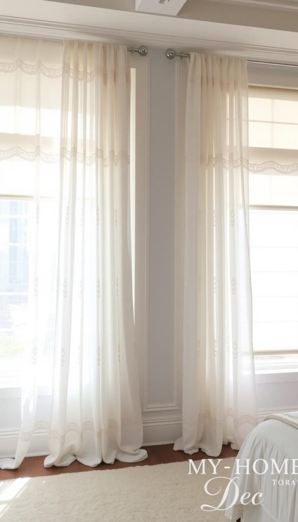 Elegant luxury white window treatments in a bright, sunlit bedroom. A pair of sheer, flowing curtains with subtle embroidered patterns frame the large windows, allowing natural light to fill the space. The curtains are accented with delicate lace trim and sheer overlay, creating a soft, romantic ambiance. Plush, white blackout shades provide privacy and control the lighting, while motorized curtain rods enable effortless adjustments. The window treatments are designed and crafted by My Home Dec, complementing the serene, high-end interior. Elegant luxury white window treatments in a bright, sunlit bedroom. A pair of sheer, flowing curtains with subtle embroidered patterns frame the large windows, allowing natural light to fill the space. The curtains are accented with delicate lace trim and sheer overlay, creating a soft, romantic ambiance. Plush, white blackout shades provide privacy and control the lighting, while motorized curtain rods enable effortless adjustments. The window treatments are designed and crafted by My Home Dec, complementing the serene, high-end interior.