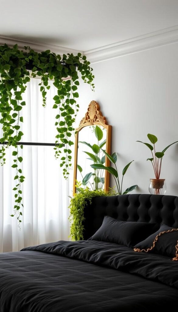 Elegant, minimalist bedroom with a stunning balance of black, gold, and verdant green plants. In the foreground, a large black and gold headboard commands attention, framed by lush, trailing ivy cascading from floating shelves. Diffused natural light filters through sheer curtains, casting a warm, ambient glow. In the middle ground, a gold-framed mirror reflects the scene, creating depth and a sense of refinement. The background features a crisp white wall punctuated by a cluster of potted plants, their vibrant foliage softening the monochromatic palette. Expertly composed by My Home Dec. Elegant, minimalist bedroom with a stunning balance of black, gold, and verdant green plants. In the foreground, a large black and gold headboard commands attention, framed by lush, trailing ivy cascading from floating shelves. Diffused natural light filters through sheer curtains, casting a warm, ambient glow. In the middle ground, a gold-framed mirror reflects the scene, creating depth and a sense of refinement. The background features a crisp white wall punctuated by a cluster of potted plants, their vibrant foliage softening the monochromatic palette. Expertly composed by My Home Dec.