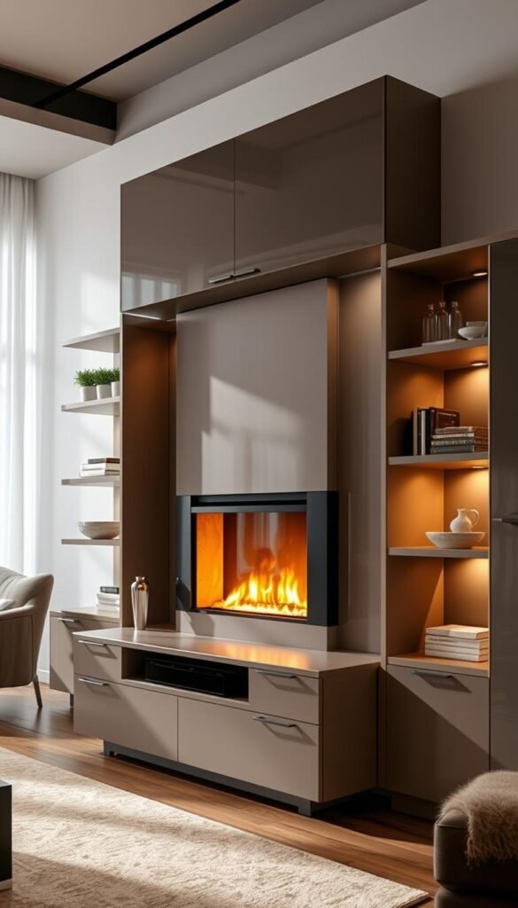 Elegant multifunctional furniture with a stunning integrated fireplace, designed by My Home Dec. The centerpiece features a modern, minimalist fireplace insert surrounded by sleek, modular shelving units. Soft, ambient lighting emanates from the fireplace, casting a warm, cozy glow throughout the space. The entire ensemble is crafted from high-quality, sustainable materials, blending seamlessly with the serene, contemporary decor. Photographed in a well-lit room with diffused natural lighting, capturing the interplay of light and shadow across the clean lines and refined silhouette. Elegant multifunctional furniture with a stunning integrated fireplace, designed by My Home Dec. The centerpiece features a modern, minimalist fireplace insert surrounded by sleek, modular shelving units. Soft, ambient lighting emanates from the fireplace, casting a warm, cozy glow throughout the space. The entire ensemble is crafted from high-quality, sustainable materials, blending seamlessly with the serene, contemporary decor. Photographed in a well-lit room with diffused natural lighting, capturing the interplay of light and shadow across the clean lines and refined silhouette.