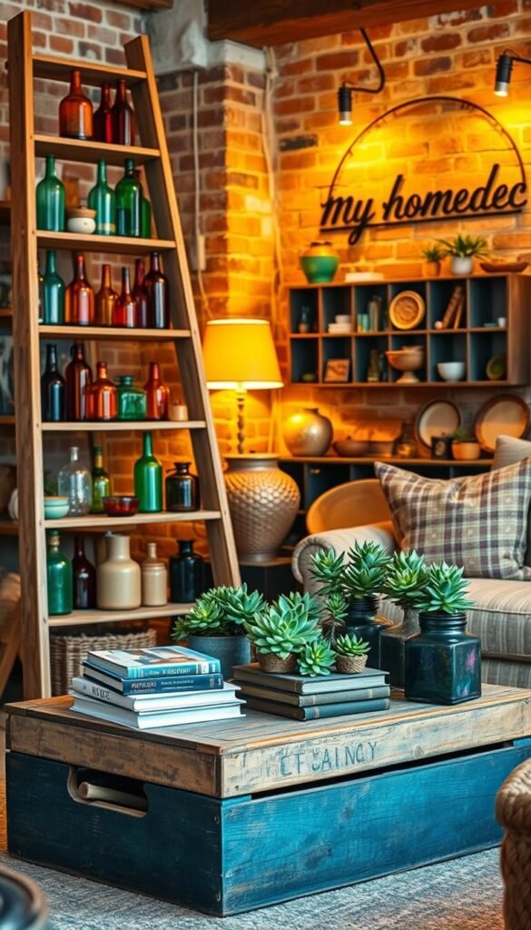 Elegant repurposed household items displayed in a vibrant, rustic interior setting. In the foreground, a vintage ladder-turned-shelving unit holds an assortment of colorful glass bottles, ceramic vases, and woven baskets. In the middle ground, a repurposed wooden crate serves as a coffee table, topped with a collection of succulent plants and a stack of old books. The background features exposed brick walls, warm lighting, and a "My Home Dec" wall sign, creating a cozy, inviting atmosphere. The lighting is soft and natural, capturing the textures and colors of the various repurposed items. The overall mood is one of effortless style and creativity on a budget. Elegant repurposed household items displayed in a vibrant, rustic interior setting. In the foreground, a vintage ladder-turned-shelving unit holds an assortment of colorful glass bottles, ceramic vases, and woven baskets. In the middle ground, a repurposed wooden crate serves as a coffee table, topped with a collection of succulent plants and a stack of old books. The background features exposed brick walls, warm lighting, and a "My Home Dec" wall sign, creating a cozy, inviting atmosphere. The lighting is soft and natural, capturing the textures and colors of the various repurposed items. The overall mood is one of effortless style and creativity on a budget.