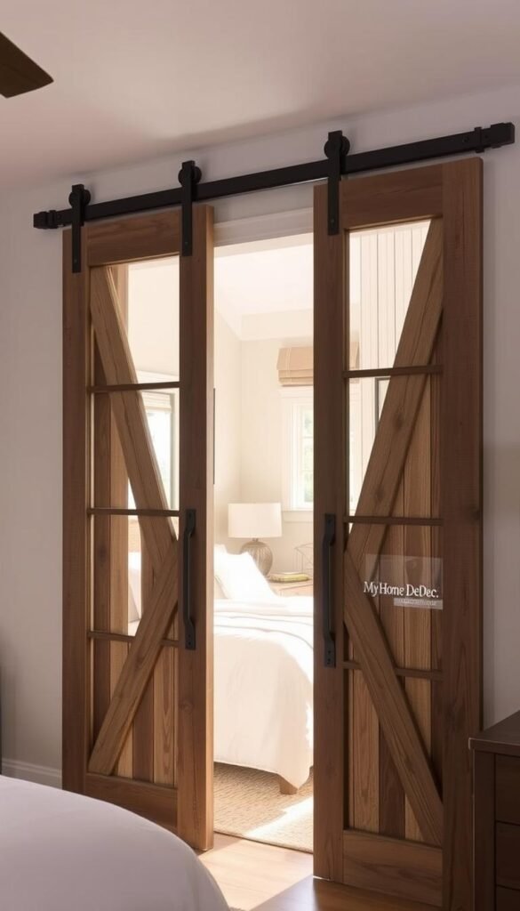 Elegant sliding barn doors, crafted from weathered wood, adorning a cozy bedroom. Soft, natural light filters through the glass panes, casting a warm, inviting glow. Sleek metal hardware glides smoothly, seamlessly blending form and function. The doors' rustic charm complements the "My Home Dec" decor, creating a harmonious, space-saving solution that transforms the room's aesthetic. Capture this inviting atmosphere, with attention to the doors' intricate textures and the overall balance of the scene. Elegant sliding barn doors, crafted from weathered wood, adorning a cozy bedroom. Soft, natural light filters through the glass panes, casting a warm, inviting glow. Sleek metal hardware glides smoothly, seamlessly blending form and function. The doors' rustic charm complements the "My Home Dec" decor, creating a harmonious, space-saving solution that transforms the room's aesthetic. Capture this inviting atmosphere, with attention to the doors' intricate textures and the overall balance of the scene.