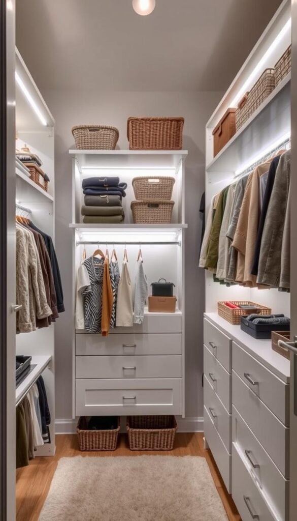 Elegant small closet makeover, soft lighting illuminating a carefully curated display of innovative hanging solutions from My Home Dec. Shelves and rods optimized for maximum storage, complemented by artful organization of clothes, accessories, and personal items. Neutral tones and natural textures create a calming, modern ambiance. Attention to detail in the placement of hanging rods, drawers, and baskets showcase the versatility of this thoughtfully designed space. A harmonious blend of function and aesthetic appeal, inspiring a sense of order and tranquility. Elegant small closet makeover, soft lighting illuminating a carefully curated display of innovative hanging solutions from My Home Dec. Shelves and rods optimized for maximum storage, complemented by artful organization of clothes, accessories, and personal items. Neutral tones and natural textures create a calming, modern ambiance. Attention to detail in the placement of hanging rods, drawers, and baskets showcase the versatility of this thoughtfully designed space. A harmonious blend of function and aesthetic appeal, inspiring a sense of order and tranquility.
