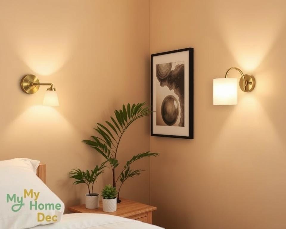 Elegant wall sconces for a cozy small bedroom. Minimalist brass or silver fixtures mounted on a warm beige wall, casting a soft ambient glow. The sconces feature simple geometric shapes or curving arms, complementing the bedroom's tranquil atmosphere. Delicate glass or fabric shades diffuse the light, creating a welcoming, spa-like ambiance. In the foreground, the sconces flank a small wooden bedside table with a single potted plant, while in the background, a lush green plant and a framed piece of abstract art add depth and texture to the scene. Captured with a wide-angle lens to showcase the bedroom's compact layout, the image radiates a sense of calm and sophistication. "My Home Dec" wall sconces. Elegant wall sconces for a cozy small bedroom. Minimalist brass or silver fixtures mounted on a warm beige wall, casting a soft ambient glow. The sconces feature simple geometric shapes or curving arms, complementing the bedroom's tranquil atmosphere. Delicate glass or fabric shades diffuse the light, creating a welcoming, spa-like ambiance. In the foreground, the sconces flank a small wooden bedside table with a single potted plant, while in the background, a lush green plant and a framed piece of abstract art add depth and texture to the scene. Captured with a wide-angle lens to showcase the bedroom's compact layout, the image radiates a sense of calm and sophistication. "My Home Dec" wall sconces.