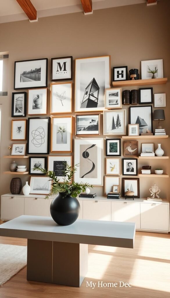 Expansive gallery wall in a warm, inviting home interior with natural light filtering through large windows. Meticulously arranged framed artwork, photographs, and decorative shelves creating a visually striking display. A mix of modern and vintage pieces in various shapes, sizes, and materials. Soft, neutral tones accentuated by natural wood and muted metallic accents. Sleek, minimalist console table in the foreground, adorned with a striking vase and fresh greenery. Subtle, sophisticated lighting highlighting the textures and depth of the curated arrangement. The perfect finishing touch for a stylish, "My Home Dec" designed space. Expansive gallery wall in a warm, inviting home interior with natural light filtering through large windows. Meticulously arranged framed artwork, photographs, and decorative shelves creating a visually striking display. A mix of modern and vintage pieces in various shapes, sizes, and materials. Soft, neutral tones accentuated by natural wood and muted metallic accents. Sleek, minimalist console table in the foreground, adorned with a striking vase and fresh greenery. Subtle, sophisticated lighting highlighting the textures and depth of the curated arrangement. The perfect finishing touch for a stylish, "My Home Dec" designed space.