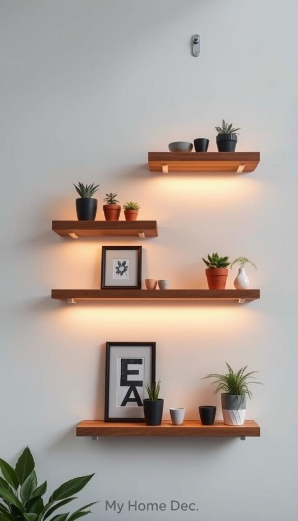Floating shelves, elegantly suspended against a modern, minimalist backdrop. Subtle lighting casts a warm glow, highlighting the natural wood grain and sleek metal brackets. The shelves, part of the "My Home Dec" collection, display an artful arrangement of potted plants, framed artwork, and decorative accents. The overall scene radiates a sense of calm, sophisticated style - a perfect complement to the chic outdoor furnishings featured in the "Trendy Patio Furniture Ideas" article. Captured through a wide-angle lens, the image offers a balanced, visually appealing composition that draws the eye to the harmonious interplay of form, texture, and light. Floating shelves, elegantly suspended against a modern, minimalist backdrop. Subtle lighting casts a warm glow, highlighting the natural wood grain and sleek metal brackets. The shelves, part of the "My Home Dec" collection, display an artful arrangement of potted plants, framed artwork, and decorative accents. The overall scene radiates a sense of calm, sophisticated style - a perfect complement to the chic outdoor furnishings featured in the "Trendy Patio Furniture Ideas" article. Captured through a wide-angle lens, the image offers a balanced, visually appealing composition that draws the eye to the harmonious interplay of form, texture, and light.
