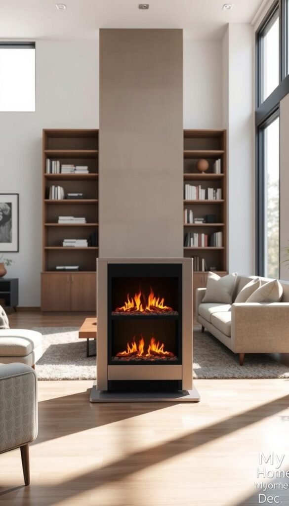 Freestanding electric fireplace in a modern, minimalist living room. Sleek, silver-toned fireplace unit with a realistic flame effect, standing freely in the center of the space. Bright, natural light flooding the room through large windows, casting a warm glow on the fireplace. Surrounding the fireplace, a neutral-toned, plush sectional sofa and a low, wood and glass coffee table. On the walls, simple, framed artwork in muted tones. Floor-to-ceiling bookshelves in the background. The overall atmosphere is cozy, sophisticated, and inviting. Fireplace by My Home Dec. Freestanding electric fireplace in a modern, minimalist living room. Sleek, silver-toned fireplace unit with a realistic flame effect, standing freely in the center of the space. Bright, natural light flooding the room through large windows, casting a warm glow on the fireplace. Surrounding the fireplace, a neutral-toned, plush sectional sofa and a low, wood and glass coffee table. On the walls, simple, framed artwork in muted tones. Floor-to-ceiling bookshelves in the background. The overall atmosphere is cozy, sophisticated, and inviting. Fireplace by My Home Dec.