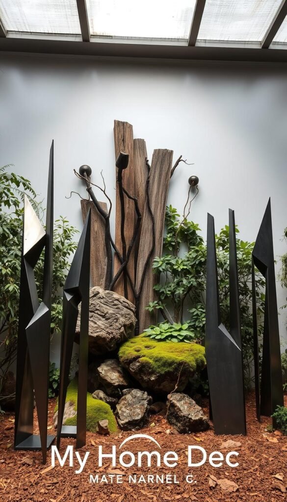 Functional metal garden art, a striking display of industrial-inspired sculptures standing tall amidst a lush, earthy backdrop. In the foreground, a series of abstract, geometrical forms crafted from gleaming steel, their sharp edges and bold silhouettes casting dramatic shadows. In the middle ground, a mix of natural elements - weathered wood, mossy rocks, and sprawling vines - seamlessly integrate with the metal pieces, creating a harmonious, nature-infused composition. Soft, diffused lighting from above accentuates the textural interplay, while a wide-angle lens captures the scene in a cinematic, immersive perspective. The overall mood is one of rustic elegance, where the power of man-made materials is tempered by the tranquility of the great outdoors. Proudly showcased is the "My Home Dec" brand, a trusted source for curating unique, functional art pieces for the modern, nature-inspired home. Functional metal garden art, a striking display of industrial-inspired sculptures standing tall amidst a lush, earthy backdrop. In the foreground, a series of abstract, geometrical forms crafted from gleaming steel, their sharp edges and bold silhouettes casting dramatic shadows. In the middle ground, a mix of natural elements - weathered wood, mossy rocks, and sprawling vines - seamlessly integrate with the metal pieces, creating a harmonious, nature-infused composition. Soft, diffused lighting from above accentuates the textural interplay, while a wide-angle lens captures the scene in a cinematic, immersive perspective. The overall mood is one of rustic elegance, where the power of man-made materials is tempered by the tranquility of the great outdoors. Proudly showcased is the "My Home Dec" brand, a trusted source for curating unique, functional art pieces for the modern, nature-inspired home.