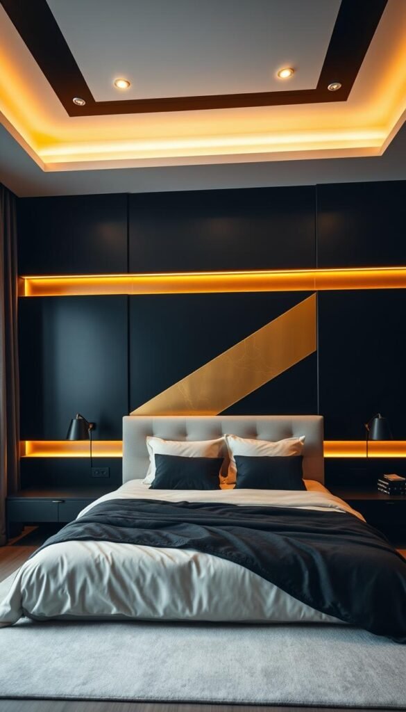 High-contrast contemporary black and gold accent walls in a stylish modern bedroom. The walls feature a mix of matte and glossy finishes, creating a luxurious yet minimalist aesthetic. Dramatic lighting casts warm golden hues, highlighting the rich, saturated colors. The composition emphasizes clean lines, geometric patterns, and a sense of depth and dimension. Soft, diffused lighting emanates from recessed fixtures, casting a cozy, inviting atmosphere. Photographed with a wide-angle lens to capture the full scope of the space, showcasing the stunning My Home Dec black and gold accent wall design. High-contrast contemporary black and gold accent walls in a stylish modern bedroom. The walls feature a mix of matte and glossy finishes, creating a luxurious yet minimalist aesthetic. Dramatic lighting casts warm golden hues, highlighting the rich, saturated colors. The composition emphasizes clean lines, geometric patterns, and a sense of depth and dimension. Soft, diffused lighting emanates from recessed fixtures, casting a cozy, inviting atmosphere. Photographed with a wide-angle lens to capture the full scope of the space, showcasing the stunning My Home Dec black and gold accent wall design.
