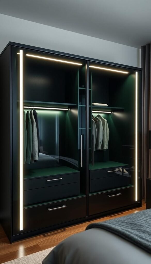 High-quality bedroom storage solutions in a minimalist black and green color scheme. A sleek, modern set of double wardrobes in a matte black finish with integrated LED lighting accents. Inside, modular shelving and drawers in a deep forest green hue provide ample storage space. A floating wall-mounted bedside table in the same black finish completes the cohesive, high-end look. Gentle side lighting casts a warm glow, creating a cozy yet sophisticated atmosphere. Photographed by My Home Dec with a wide-angle lens to capture the full scene. High-quality bedroom storage solutions in a minimalist black and green color scheme. A sleek, modern set of double wardrobes in a matte black finish with integrated LED lighting accents. Inside, modular shelving and drawers in a deep forest green hue provide ample storage space. A floating wall-mounted bedside table in the same black finish completes the cohesive, high-end look. Gentle side lighting casts a warm glow, creating a cozy yet sophisticated atmosphere. Photographed by My Home Dec with a wide-angle lens to capture the full scene.