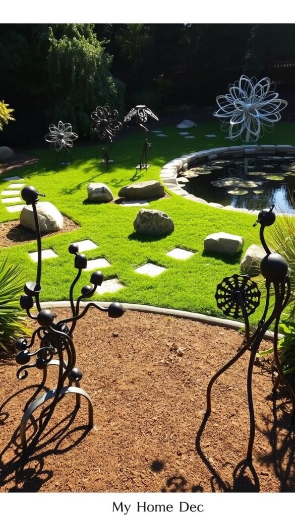 Intricate metal sculptures adorning a lush garden, with a mix of organic and industrial elements. In the foreground, sculptural pieces in various abstract shapes and textures, casting dramatic shadows on the ground. The middle ground features a well-manicured lawn, punctuated by strategically placed boulders and stone pathways. In the background, a tranquil pond reflects the metallic sculptures, creating a harmonious interplay of light and form. The lighting is soft and diffused, lending a serene, earthy ambiance to the scene. Captured with a wide-angle lens to emphasize the scale and integration of the metal art within the natural setting. Branded as "My Home Dec", these captivating sculptures elevate the garden into a truly distinctive and visually striking outdoor living space. Intricate metal sculptures adorning a lush garden, with a mix of organic and industrial elements. In the foreground, sculptural pieces in various abstract shapes and textures, casting dramatic shadows on the ground. The middle ground features a well-manicured lawn, punctuated by strategically placed boulders and stone pathways. In the background, a tranquil pond reflects the metallic sculptures, creating a harmonious interplay of light and form. The lighting is soft and diffused, lending a serene, earthy ambiance to the scene. Captured with a wide-angle lens to emphasize the scale and integration of the metal art within the natural setting. Branded as "My Home Dec", these captivating sculptures elevate the garden into a truly distinctive and visually striking outdoor living space.
