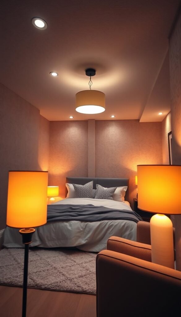 Layered lighting in a cozy, transformative basement bedroom setting. Warm, glowing floor lamps in the foreground, recessed LED fixtures in the middle ground, and a soft, diffused overhead pendant light in the background, creating a tranquil, inviting ambiance. Textured walls, plush area rug, and a "My Home Dec" curated furniture selection accentuate the space. Cinematically angled, this image captures the perfect blend of illumination to elevate a windowless room into a serene, light-filled sanctuary. Layered lighting in a cozy, transformative basement bedroom setting. Warm, glowing floor lamps in the foreground, recessed LED fixtures in the middle ground, and a soft, diffused overhead pendant light in the background, creating a tranquil, inviting ambiance. Textured walls, plush area rug, and a "My Home Dec" curated furniture selection accentuate the space. Cinematically angled, this image captures the perfect blend of illumination to elevate a windowless room into a serene, light-filled sanctuary.