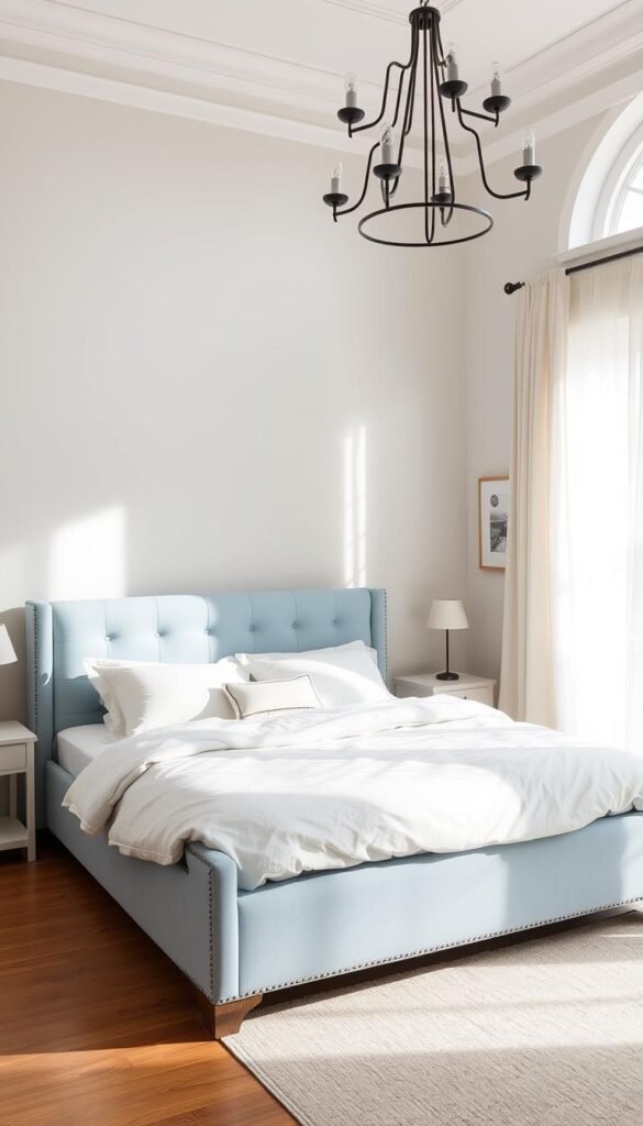 Light blue upholstered bed frame with rolled arms and tufted headboard, resting in a serene, sun-drenched bedroom. Soft, muted daylight filters through sheer curtains, casting a tranquil glow. The plush bedding, in complementary tones, invites a restful slumber. Hardwood floors and a delicate, patterned area rug create a cohesive, My Home Dec aesthetic. Minimalist nightstands and a subtle, wrought-iron chandelier complete the calming, modern-farmhouse ambiance. Light blue upholstered bed frame with rolled arms and tufted headboard, resting in a serene, sun-drenched bedroom. Soft, muted daylight filters through sheer curtains, casting a tranquil glow. The plush bedding, in complementary tones, invites a restful slumber. Hardwood floors and a delicate, patterned area rug create a cohesive, My Home Dec aesthetic. Minimalist nightstands and a subtle, wrought-iron chandelier complete the calming, modern-farmhouse ambiance.