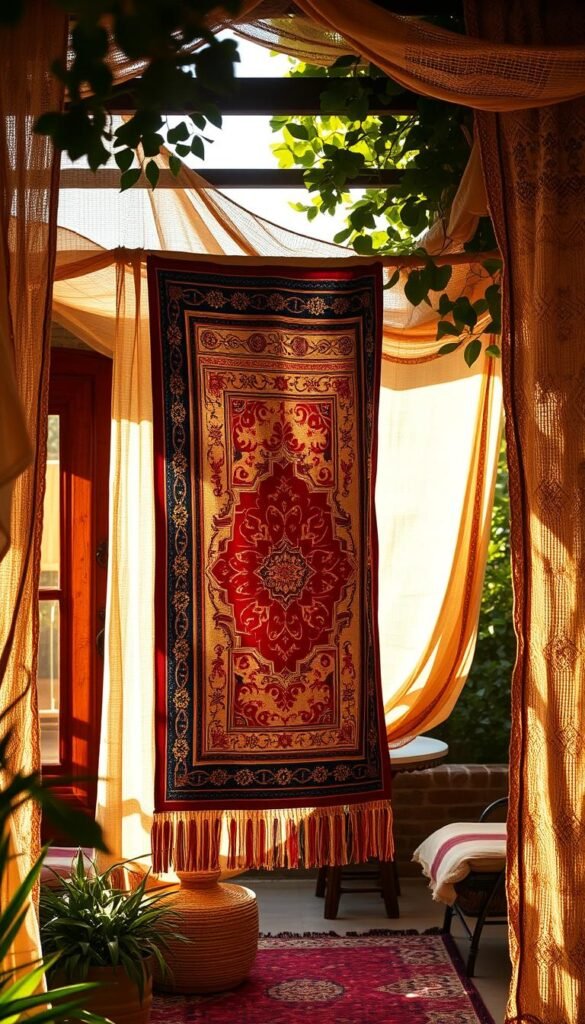 Lush, ornate tapestries and fabric hangings draped across a rustic, sun-drenched patio. Soft light filters through the woven patterns, casting warm, flattering shadows. In the foreground, a central hanging features intricate floral motifs in rich hues of crimson, gold, and indigo. Surrounding it, a mix of delicate, sheer fabrics and heavier, textured weaves create depth and visual interest. The overall scene conveys a sense of bohemian elegance and cozy, inviting ambiance. Captured with a wide-angle lens to showcase the full scope of this "My Home Dec" patio vignette. Lush, ornate tapestries and fabric hangings draped across a rustic, sun-drenched patio. Soft light filters through the woven patterns, casting warm, flattering shadows. In the foreground, a central hanging features intricate floral motifs in rich hues of crimson, gold, and indigo. Surrounding it, a mix of delicate, sheer fabrics and heavier, textured weaves create depth and visual interest. The overall scene conveys a sense of bohemian elegance and cozy, inviting ambiance. Captured with a wide-angle lens to showcase the full scope of this "My Home Dec" patio vignette.