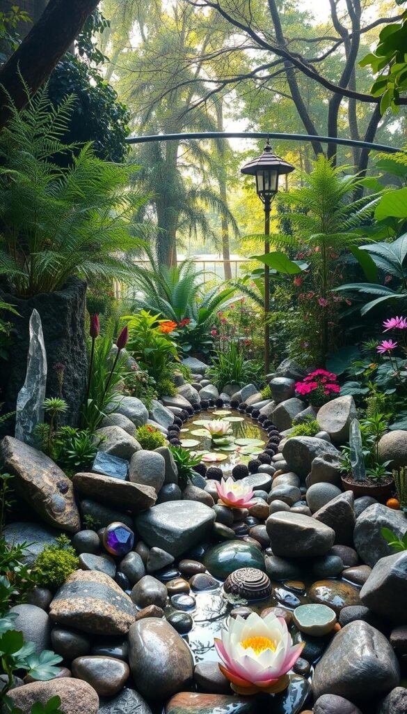 Lush, verdant spiritual garden filled with an abundance of natural elements. In the foreground, a striking display of rocks and crystals in various shapes, sizes, and hues, artfully arranged to create a captivating focal point. Sparkling quartz, iridescent amethyst, and smooth river stones create a mesmerizing interplay of textures and colors. Towering ferns, fragrant herbs, and blooming flowers in the middle ground add depth and vibrancy, while a tranquil pond with floating lotus blossoms reflects the serene atmosphere. Soft, diffused sunlight filters through the canopy of trees in the background, casting a warm, ethereal glow over the entire scene. My Home Dec - an enchanting spiritual oasis. Lush, verdant spiritual garden filled with an abundance of natural elements. In the foreground, a striking display of rocks and crystals in various shapes, sizes, and hues, artfully arranged to create a captivating focal point. Sparkling quartz, iridescent amethyst, and smooth river stones create a mesmerizing interplay of textures and colors. Towering ferns, fragrant herbs, and blooming flowers in the middle ground add depth and vibrancy, while a tranquil pond with floating lotus blossoms reflects the serene atmosphere. Soft, diffused sunlight filters through the canopy of trees in the background, casting a warm, ethereal glow over the entire scene. My Home Dec - an enchanting spiritual oasis.