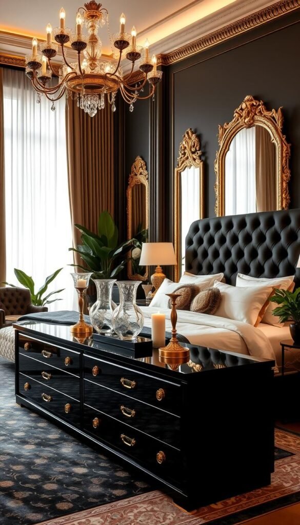 Luxurious modern black and gold bedroom with sumptuous velvet curtains, plush bedding, and gleaming brass accents. Soft lighting casts a warm glow, creating a cozy and opulent atmosphere. A statement black lacquered dresser anchors the scene, its surface adorned with crystal vases and gilded candles. Intricate gold-framed mirrors reflect the elegance, while a large tufted headboard in a rich ebony hue dominates the focal point. Lush potted plants and a shimmering chandelier complete the My Home Dec vision of a sophisticated, high-end bedroom sanctuary. Luxurious modern black and gold bedroom with sumptuous velvet curtains, plush bedding, and gleaming brass accents. Soft lighting casts a warm glow, creating a cozy and opulent atmosphere. A statement black lacquered dresser anchors the scene, its surface adorned with crystal vases and gilded candles. Intricate gold-framed mirrors reflect the elegance, while a large tufted headboard in a rich ebony hue dominates the focal point. Lush potted plants and a shimmering chandelier complete the My Home Dec vision of a sophisticated, high-end bedroom sanctuary.
