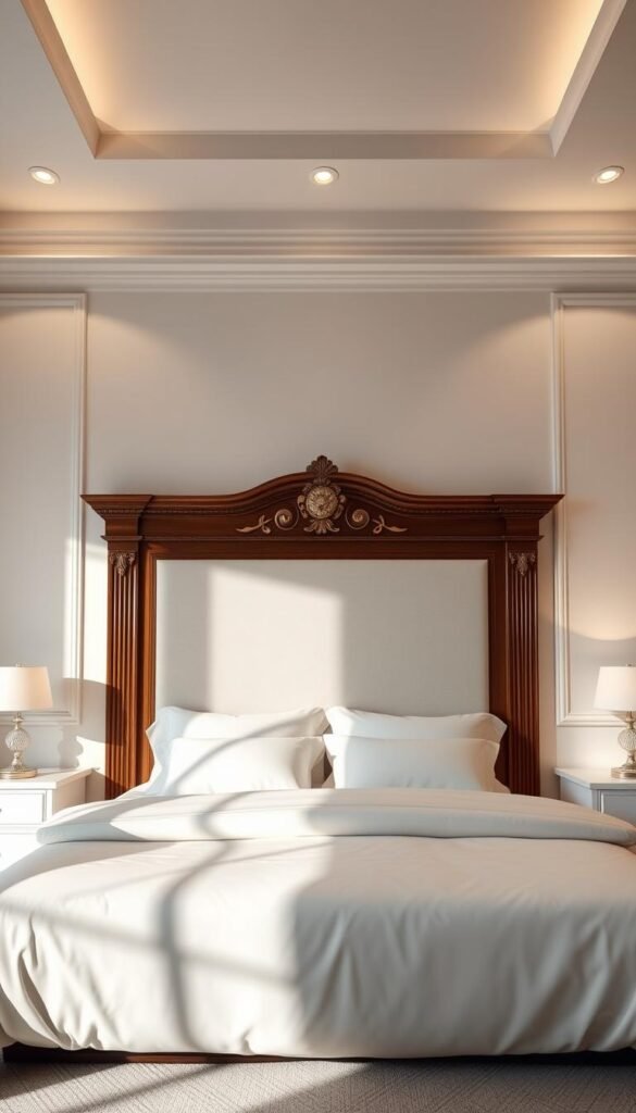 Luxurious white bed frame with elegant headboard, crisp white bedding, and soft ambient lighting. Detailed hardwood frame with intricate carved accents, creating a striking centerpiece in the elegant bedroom. Shadows cast by the frame add depth and dimension, while the clean lines and minimalist design exude sophisticated style. Warm, diffused lighting from discreet ceiling fixtures creates a cozy, inviting atmosphere. Rendered with realistic textures and high-fidelity, the My Home Dec luxury white bed frame evokes tranquility and grandeur. Luxurious white bed frame with elegant headboard, crisp white bedding, and soft ambient lighting. Detailed hardwood frame with intricate carved accents, creating a striking centerpiece in the elegant bedroom. Shadows cast by the frame add depth and dimension, while the clean lines and minimalist design exude sophisticated style. Warm, diffused lighting from discreet ceiling fixtures creates a cozy, inviting atmosphere. Rendered with realistic textures and high-fidelity, the My Home Dec luxury white bed frame evokes tranquility and grandeur.