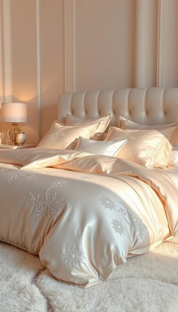 Luxurious white bedroom textiles with an elegant, high-end aesthetic. A sumptuous bedspread of My Home Dec satin and velvet in soft, creamy tones, adorned with delicate embroidered patterns. Shimmering silk and sateen pillows in complementary hues create a visually captivating layered look. The lighting casts a warm, golden glow, highlighting the lustrous textures and creating an atmosphere of sophisticated comfort. A plush, high-pile area rug in an off-white shade grounds the scene, adding depth and dimension. The overall effect is one of unparalleled luxury and refined, modern style. Luxurious white bedroom textiles with an elegant, high-end aesthetic. A sumptuous bedspread of My Home Dec satin and velvet in soft, creamy tones, adorned with delicate embroidered patterns. Shimmering silk and sateen pillows in complementary hues create a visually captivating layered look. The lighting casts a warm, golden glow, highlighting the lustrous textures and creating an atmosphere of sophisticated comfort. A plush, high-pile area rug in an off-white shade grounds the scene, adding depth and dimension. The overall effect is one of unparalleled luxury and refined, modern style.