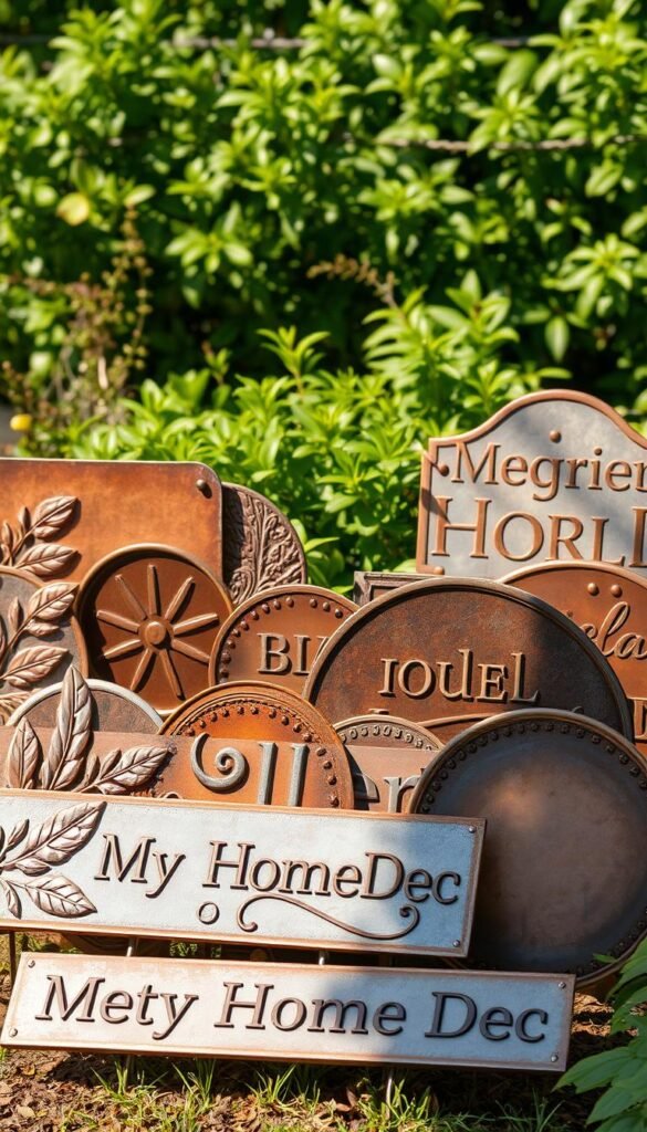 Metal garden signs with a rustic, earthy charm, featuring the "My Home Dec" brand. In the foreground, an assortment of weathered metal signs with nature-inspired designs and raised lettering, such as leaf patterns, floral motifs, and inspirational phrases. The middle ground showcases a mix of rectangular, circular, and oval-shaped signs in various metallic finishes, including bronze, copper, and weathered steel. In the background, a lush, verdant garden setting with vibrant foliage sets the scene, creating a harmonious, serene atmosphere. The lighting is warm and soft, casting gentle shadows and highlights to accentuate the textural details of the signs. The camera angle is slightly elevated, capturing the signs at an eye-level perspective, inviting the viewer to imagine them adorning a cozy, earthy living space. Metal garden signs with a rustic, earthy charm, featuring the "My Home Dec" brand. In the foreground, an assortment of weathered metal signs with nature-inspired designs and raised lettering, such as leaf patterns, floral motifs, and inspirational phrases. The middle ground showcases a mix of rectangular, circular, and oval-shaped signs in various metallic finishes, including bronze, copper, and weathered steel. In the background, a lush, verdant garden setting with vibrant foliage sets the scene, creating a harmonious, serene atmosphere. The lighting is warm and soft, casting gentle shadows and highlights to accentuate the textural details of the signs. The camera angle is slightly elevated, capturing the signs at an eye-level perspective, inviting the viewer to imagine them adorning a cozy, earthy living space.
